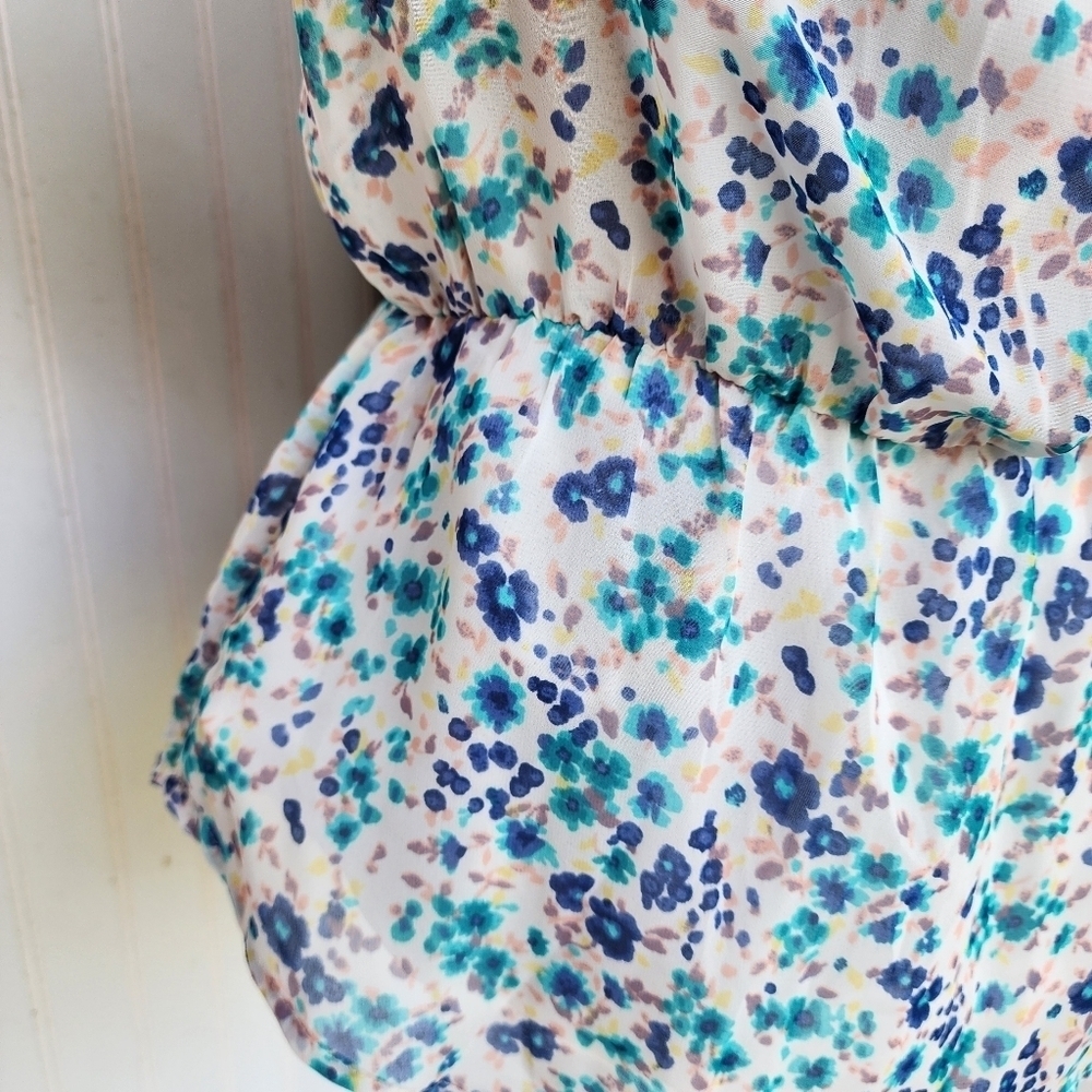 LC LAUREN CONRAD Crochet Racerback Floral Top White Blue Women’s Top Sheer Sz S - Picture 4 of 13